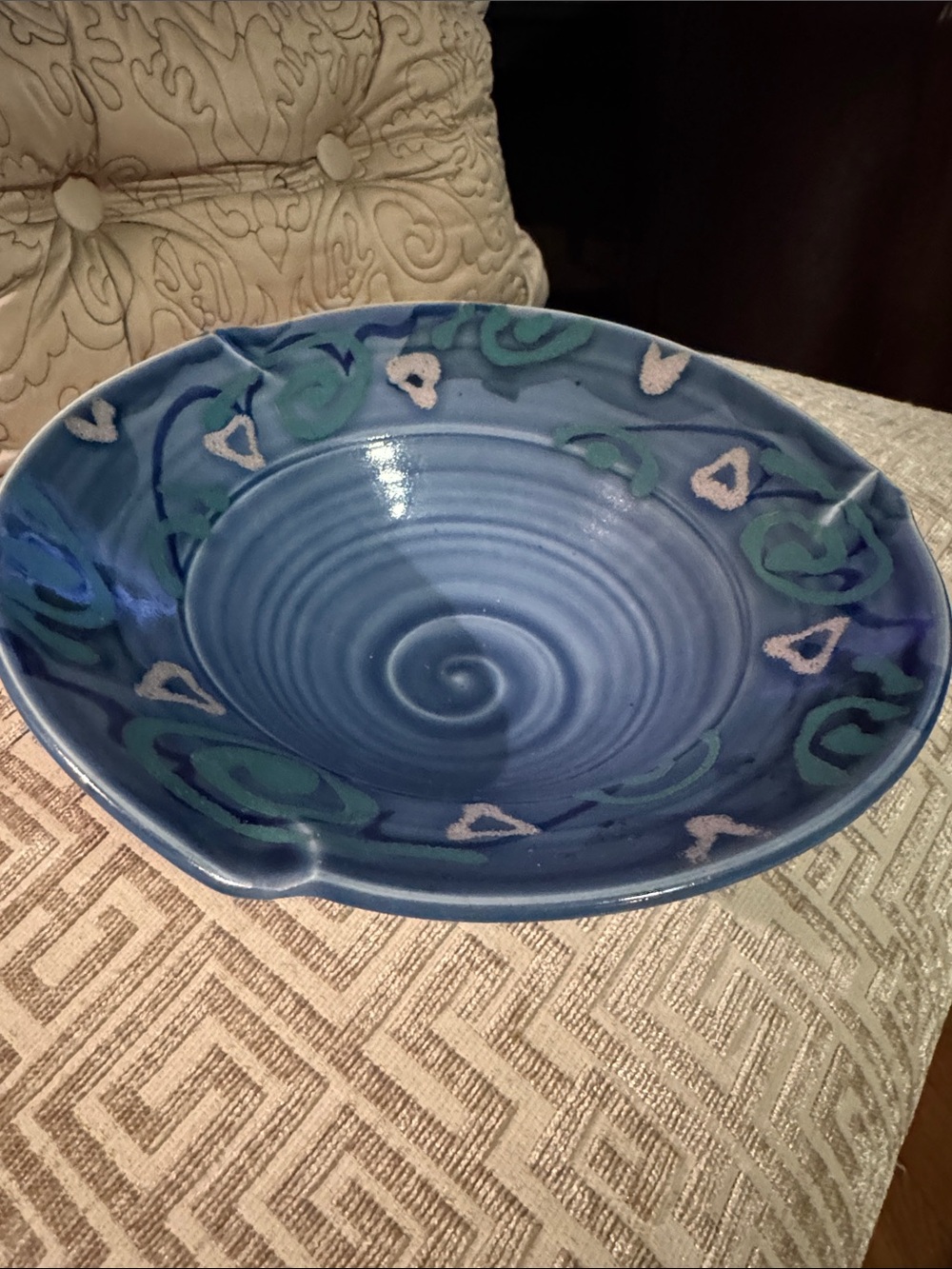 Handmade Blue Ceramic Decorative Bowl with Green Accents - Signed